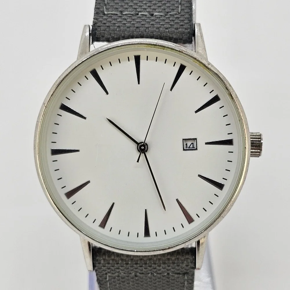 Men Analog Watch 41MM White Dial Date Gray Canvas Faux Leather Bands New Battery